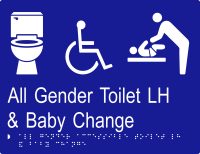 All Gender Accessible Toilet LH & Baby Change w Braille